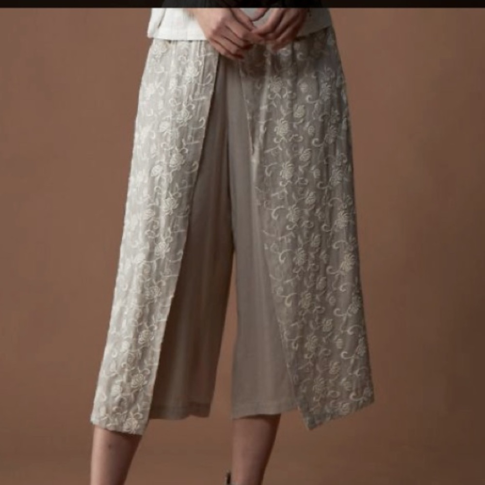 Beige Cream Cotton Linen Embroidered Cropped MIDI Wide-Leg Pants